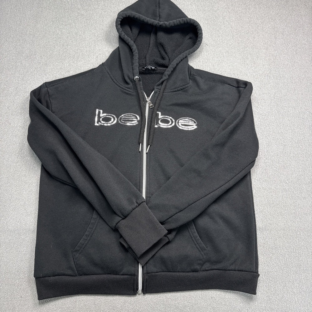 Bebe Sport Black Full Zip Hoodie Jacket Women's Large Rhinestone Logo Y2K